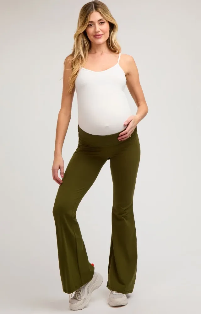 Olive Fold-Over Waistband Flared Maternity Leggings