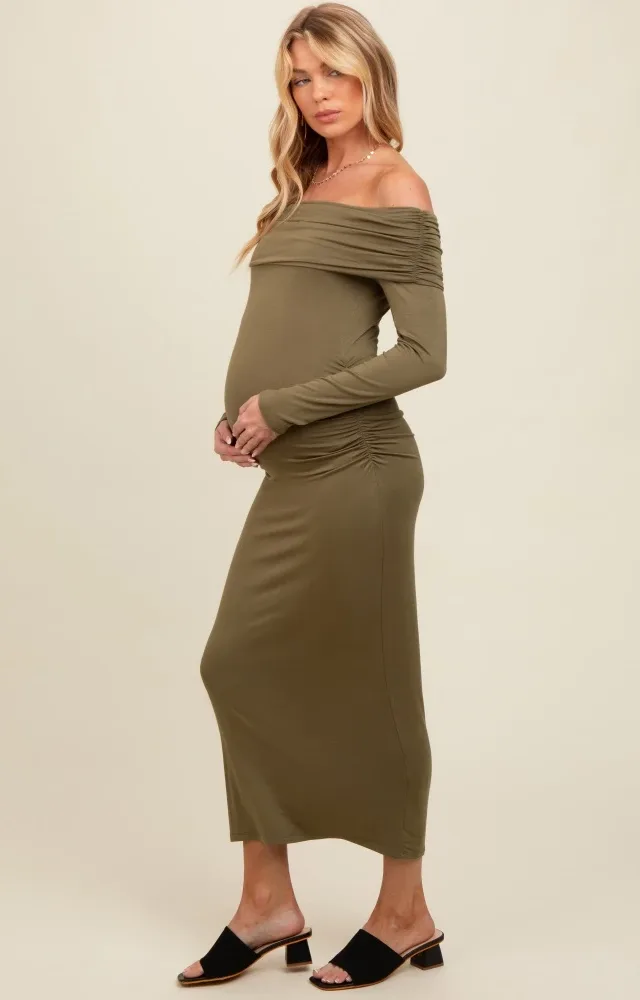 Olive Foldover Off Shoulder Long Sleeve Maternity Midi Dress