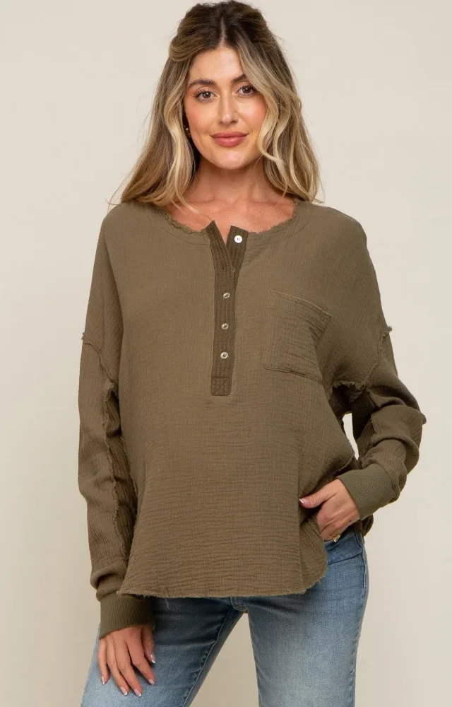 Olive Front Button Drop Shoulder Long Sleeve Maternity Top