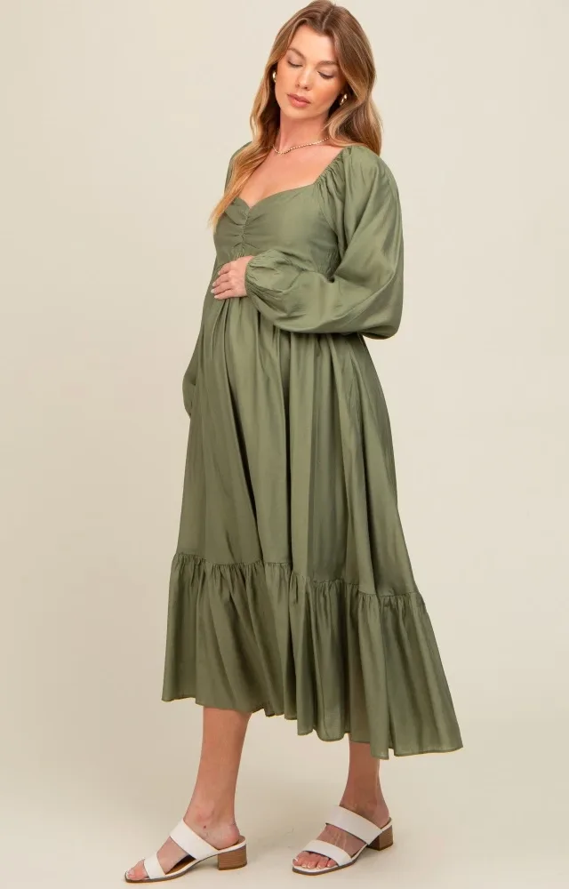 Olive Front Ruched Babydoll Maternity Midi Dress