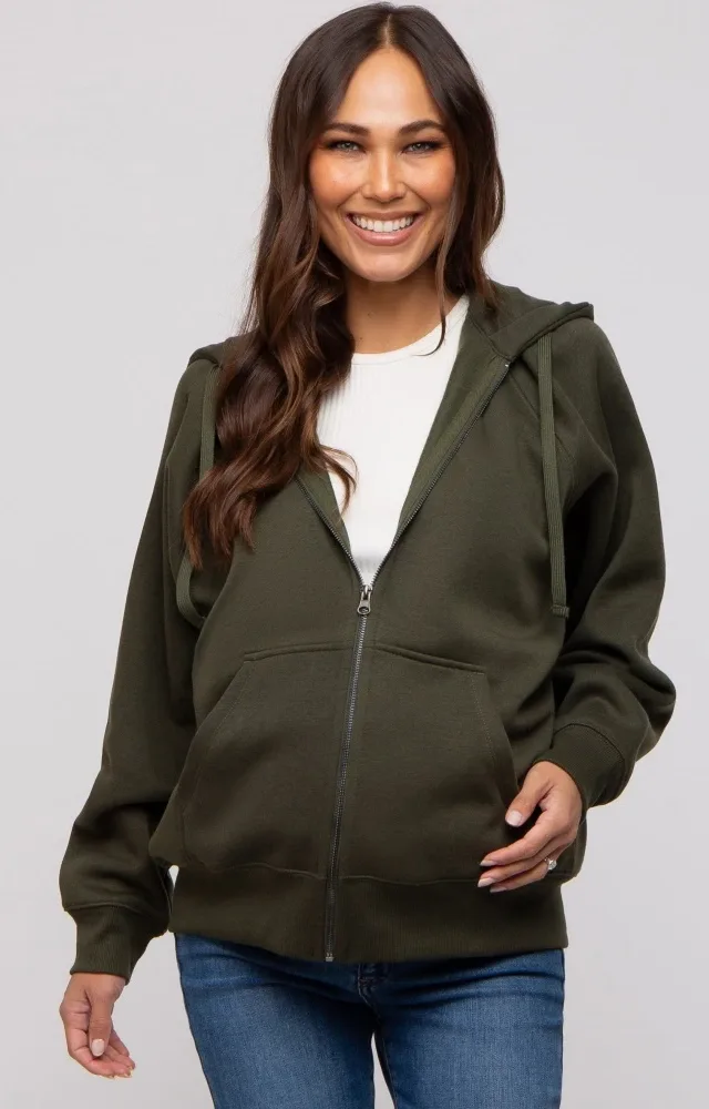 Olive Front Zipper Hooded Maternity Sweater