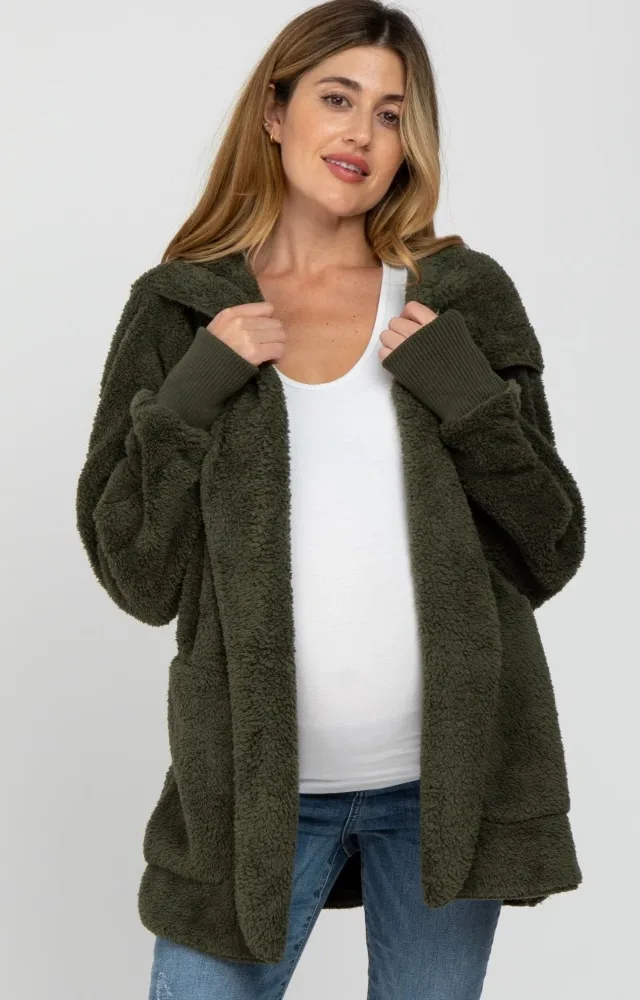 Olive Fuzzy Hooded Maternity Jacket