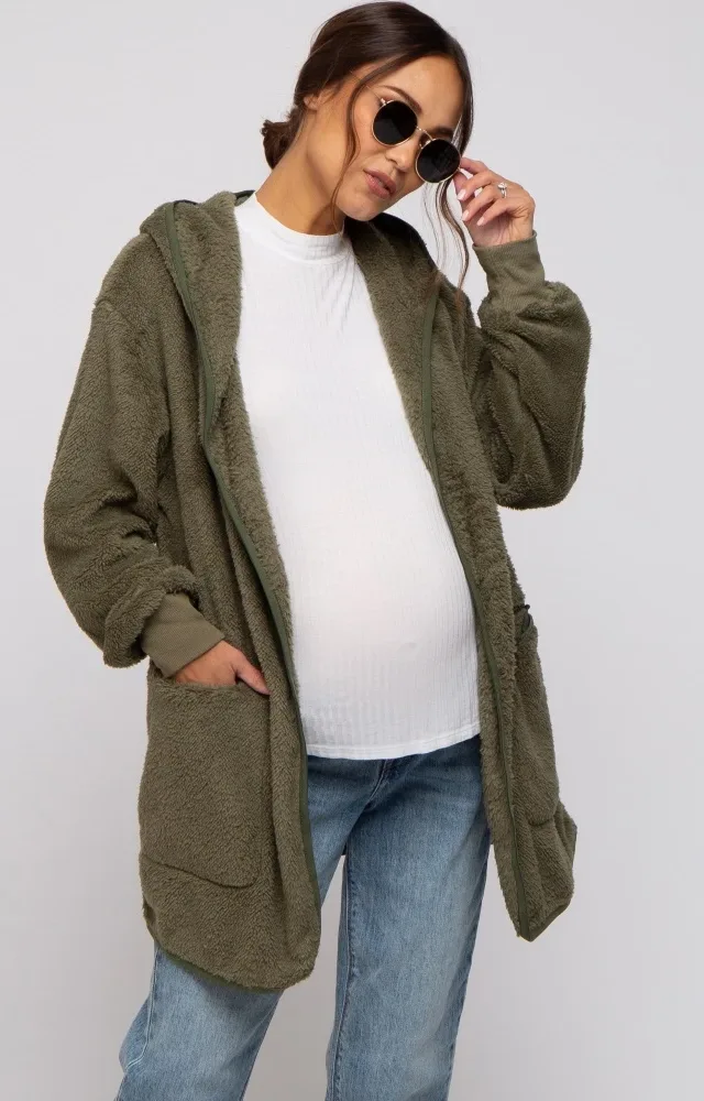 Olive Fuzzy Knit Hooded Maternity Jacket