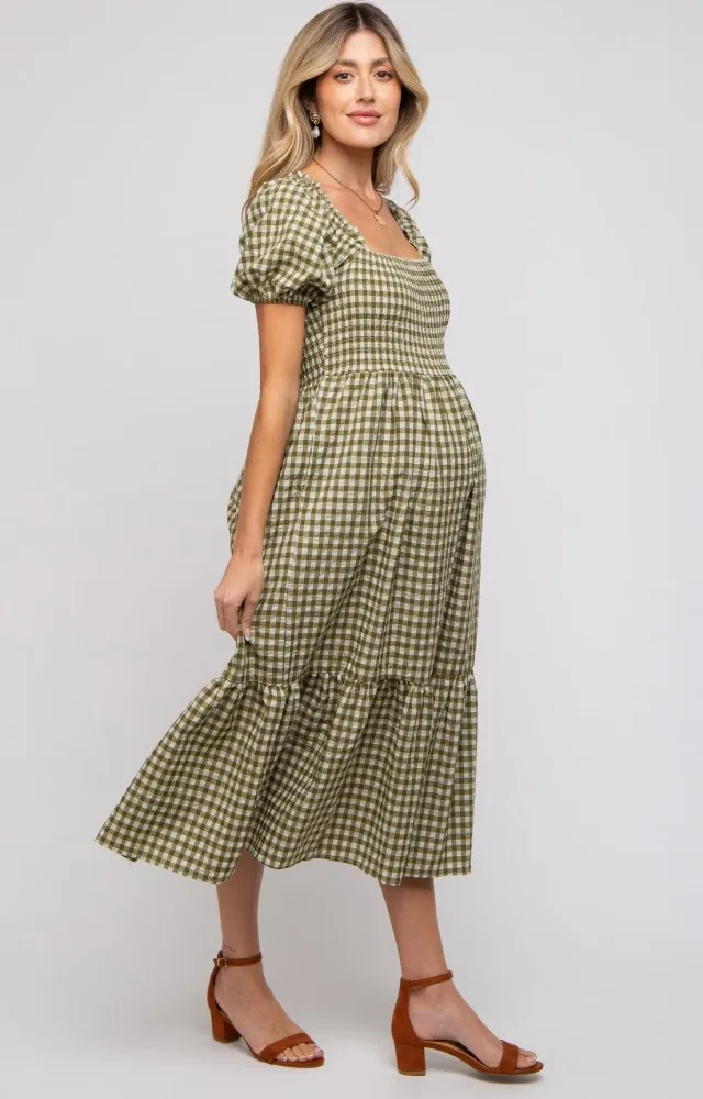 Olive Gingham Smocked Maternity Midi Dress