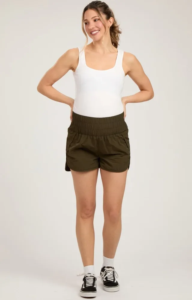 Olive Green Curved Hem Active Maternity Shorts