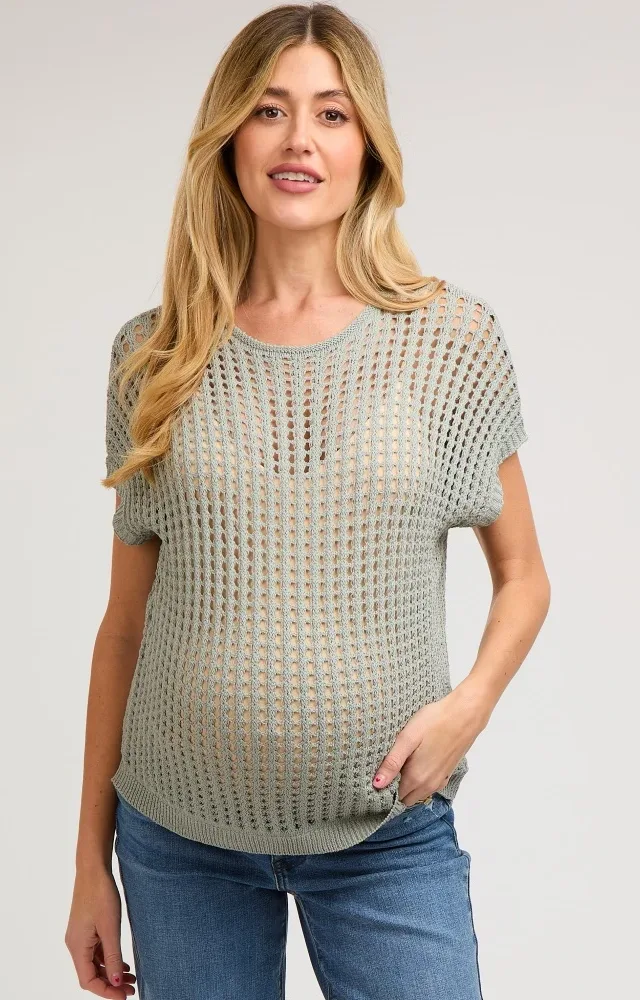 Olive Green Open Knit Maternity Top