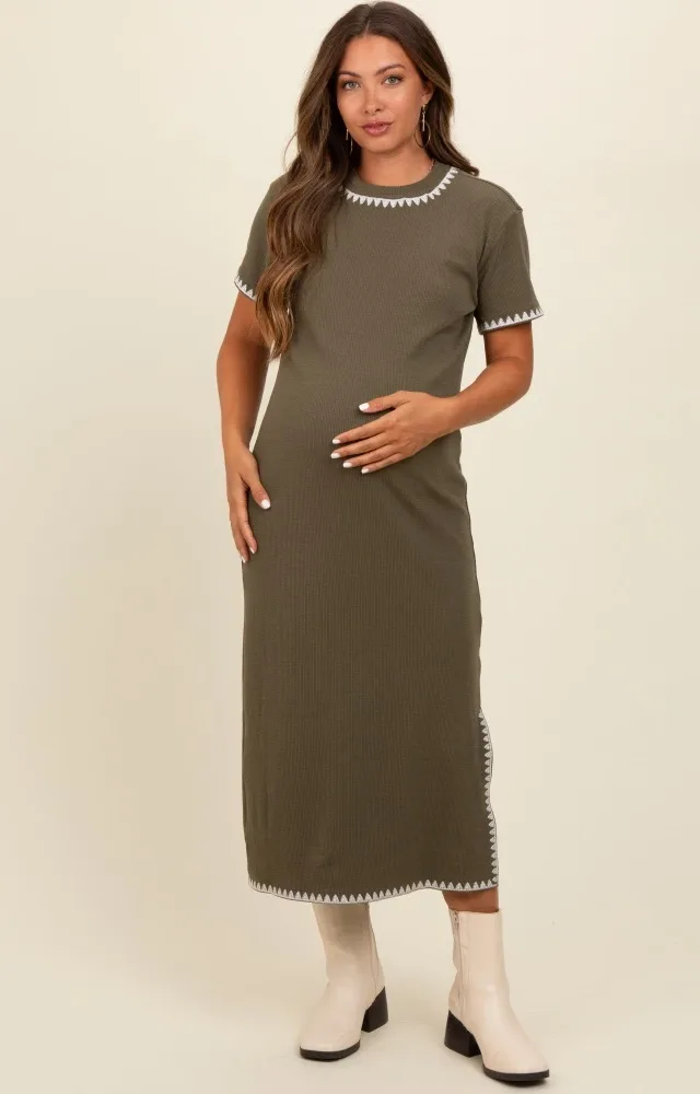 Olive Green Ribbed Embroidered Trim Short Sleeve Maternity Midi Dress