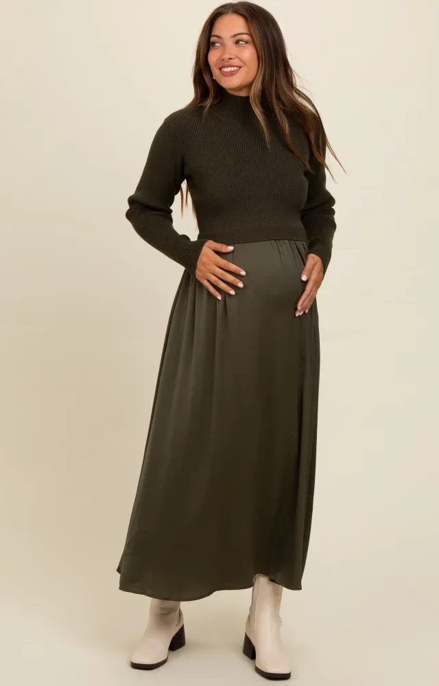 Olive Knit Contrast Top Satin Maternity Midi Dress