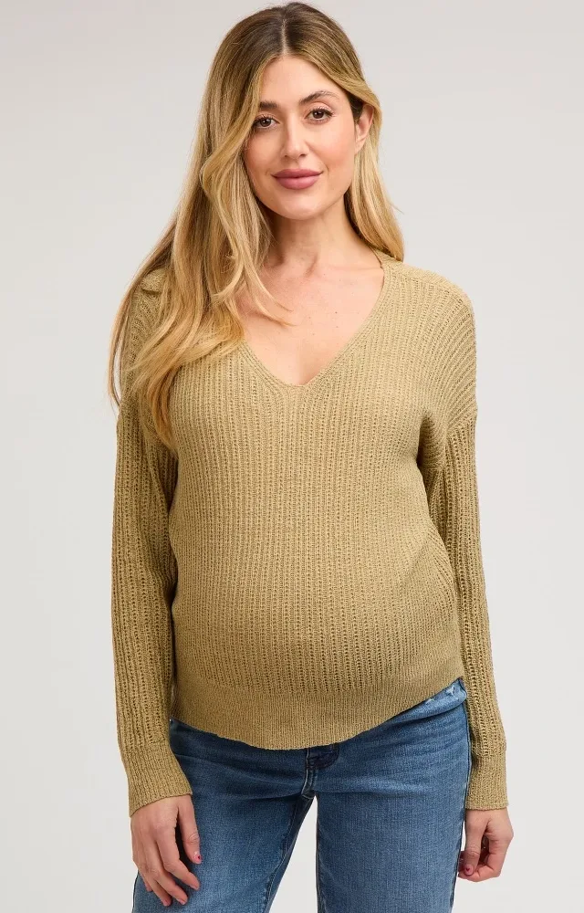 Olive Knit V-Neck Maternity Long Sleeve Top