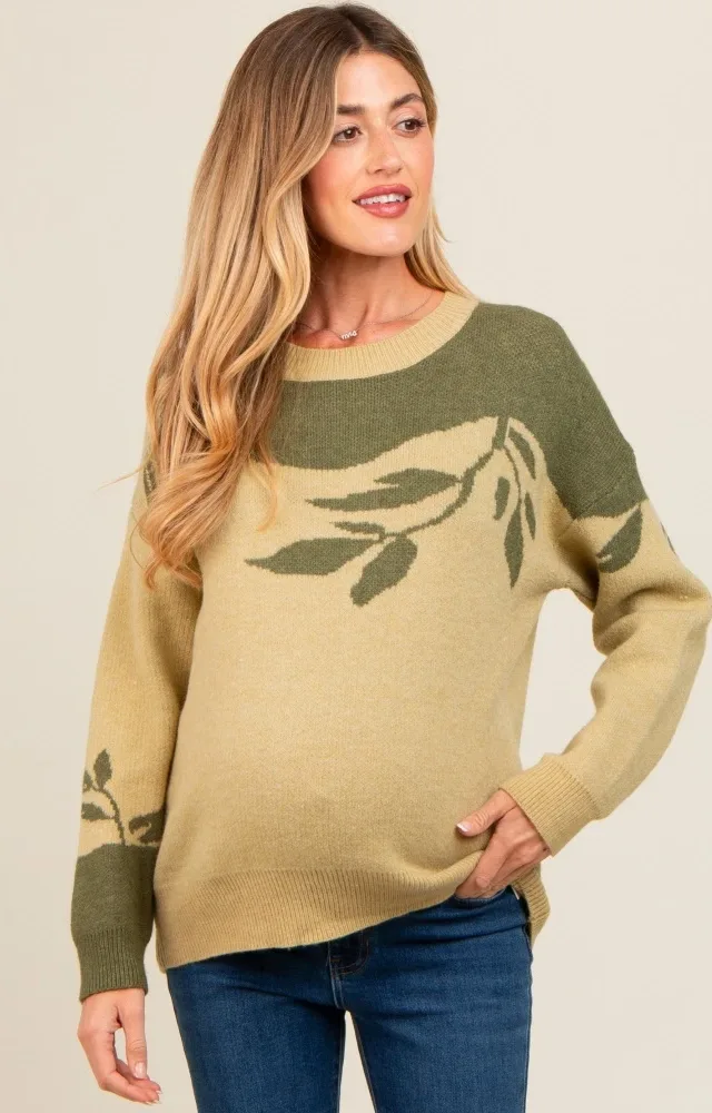 Olive Leaf Print Colorblock Maternity Sweater