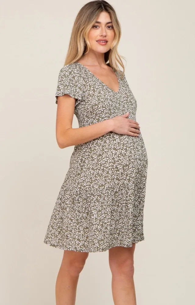 Olive Leaf Printed V-Neck Short Sleeve Maternity Dress