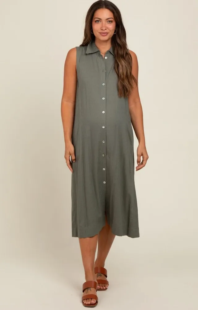 Olive Linen Button Down Maternity Midi Dress