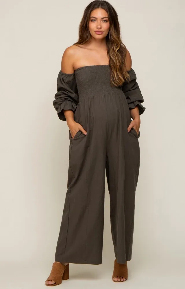 Olive Linen Smocked Off Shoulder Wide Leg Maternity Jumpsuit