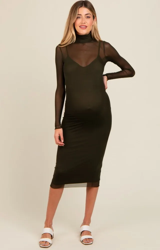 Olive Mesh Overlay Fitted Maternity Midi Dress