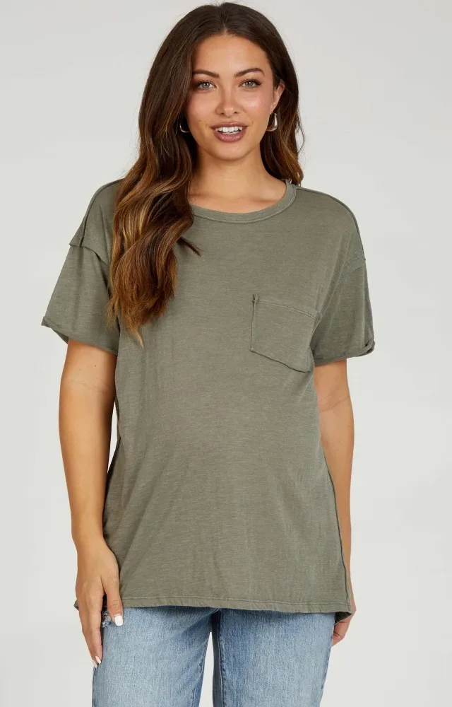 Olive Mineral Wash Front Pocket Short Sleeve Maternity T-Shirt