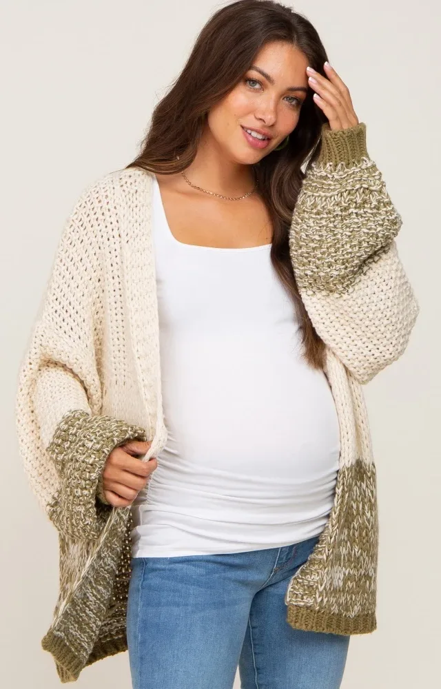 Olive Open Knit Color Block Maternity Cardigan