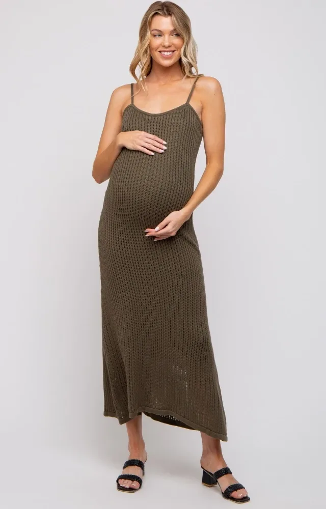 Olive Open Knit Crochet Maternity Midi Dress