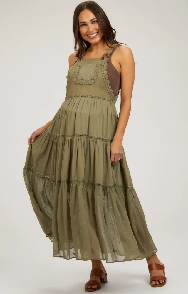 Olive Overall Crochet Lace Tiered Maternity Dress