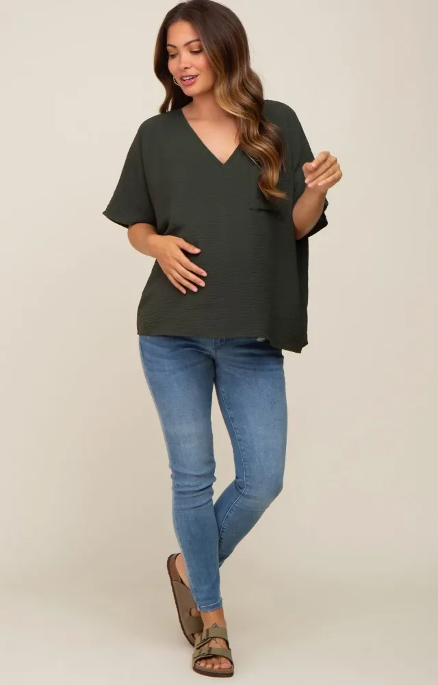 Olive Oversized V-Neck Pocket Front Maternity Blouse