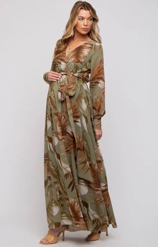 Olive Palm Print Chiffon Wrap Front V-Neck Long Sleeve Maternity Maxi Dress