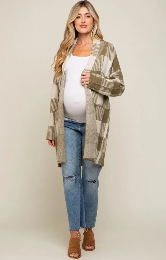 Olive Plaid Shawl Maternity Cardigan