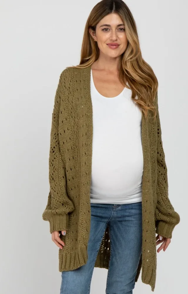 Olive Pointelle Knit Maternity Cardigan