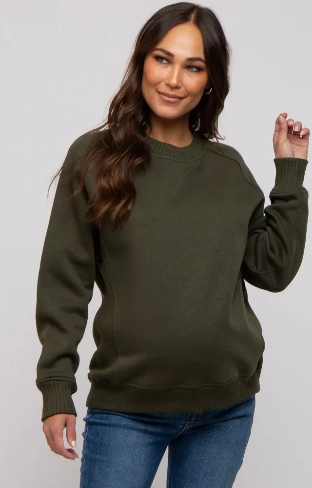 Olive Pullover Maternity Terry Crewneck