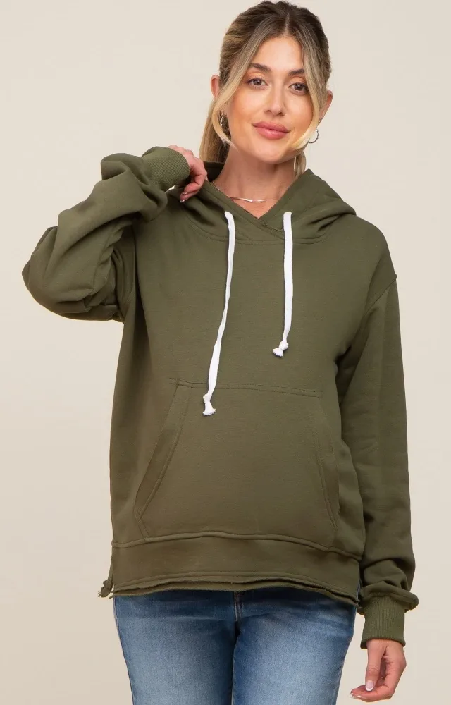 Olive Raw Edge Trim Maternity Drawstring Hoodie