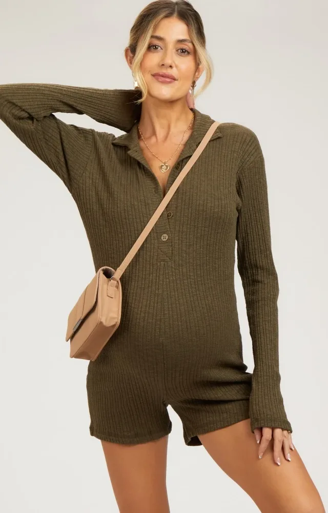 Olive Rib Knit Collared Maternity Romper