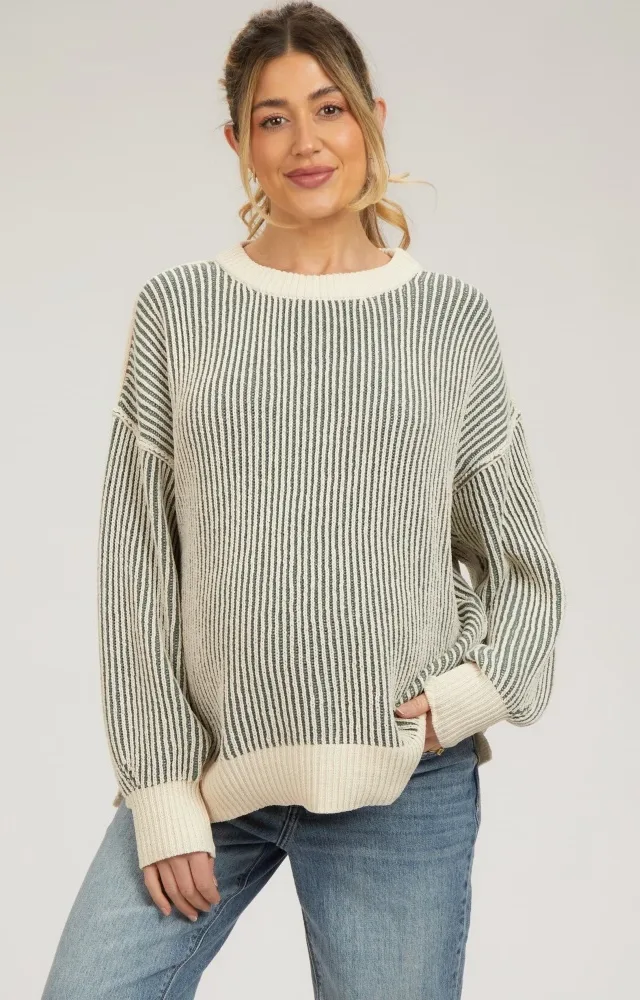 Olive Ribbed Balloon Sleeve Maternity Sweater