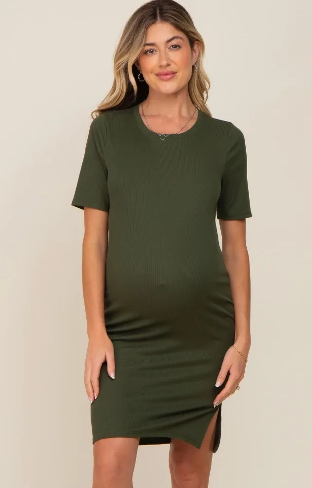 Olive Ribbed Basic Short Sleeve Maternity Dress