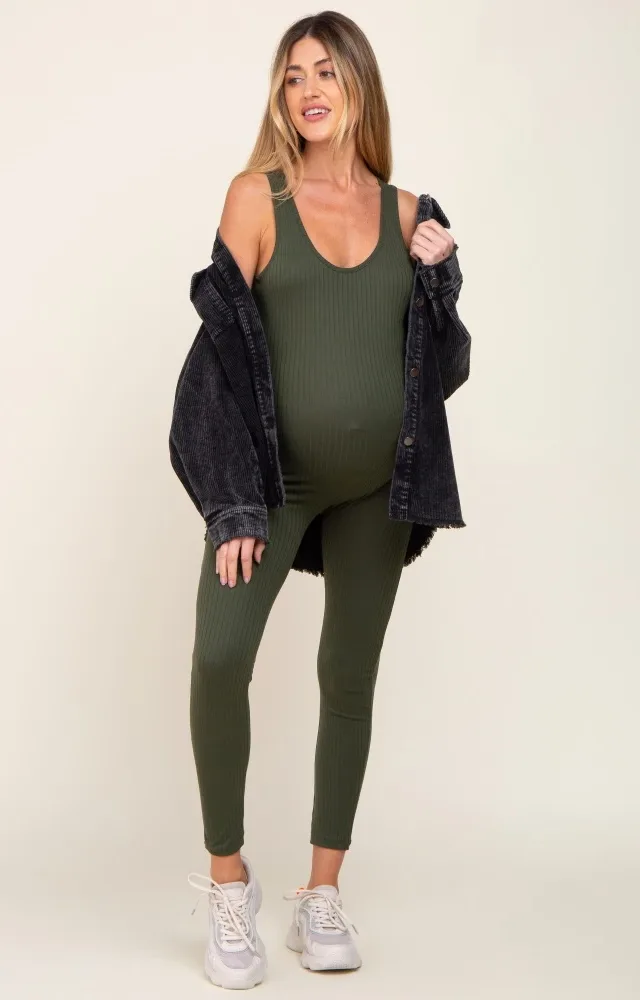 Olive Ribbed Bodycon Maternity Jumpsuit