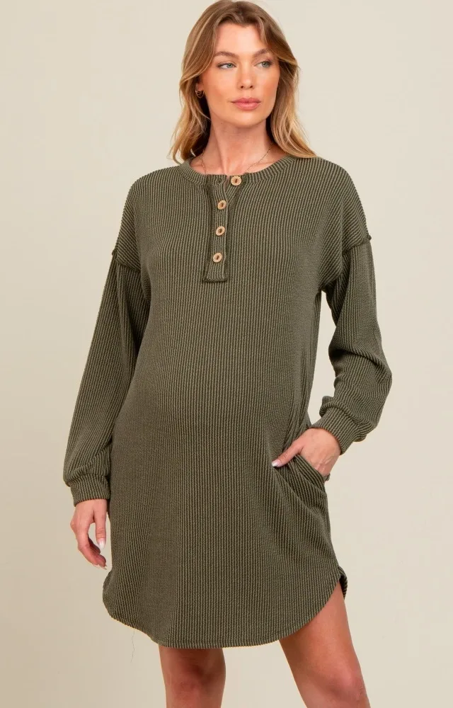 Olive Ribbed Button Accent Maternity Dress