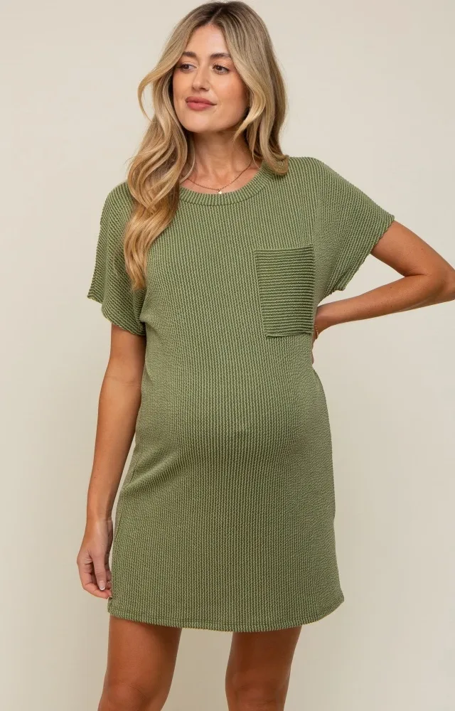 Olive Ribbed Front Pocket Dolman Short Sleeve Maternity Dress