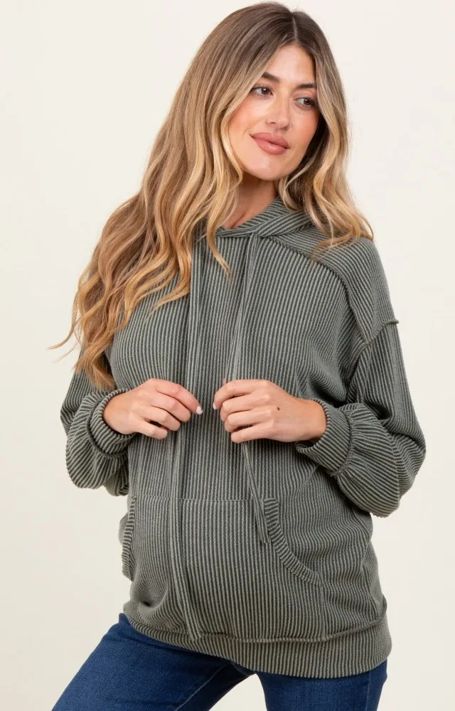 Olive Ribbed Front Pocket Maternity Drawstring Hoodie