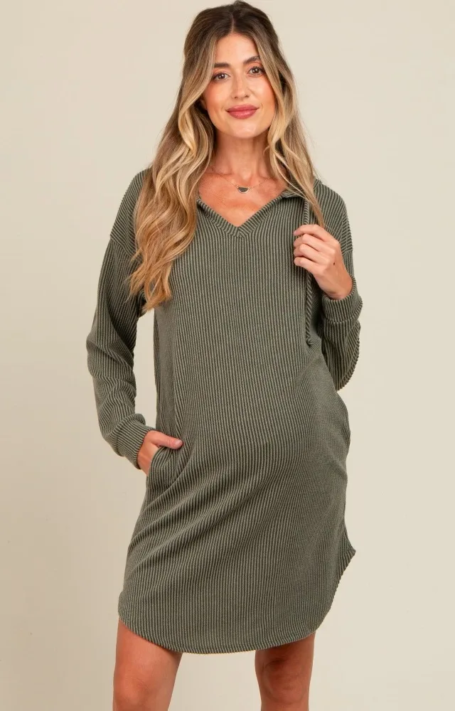 Olive Ribbed Hoodie Maternity Dress