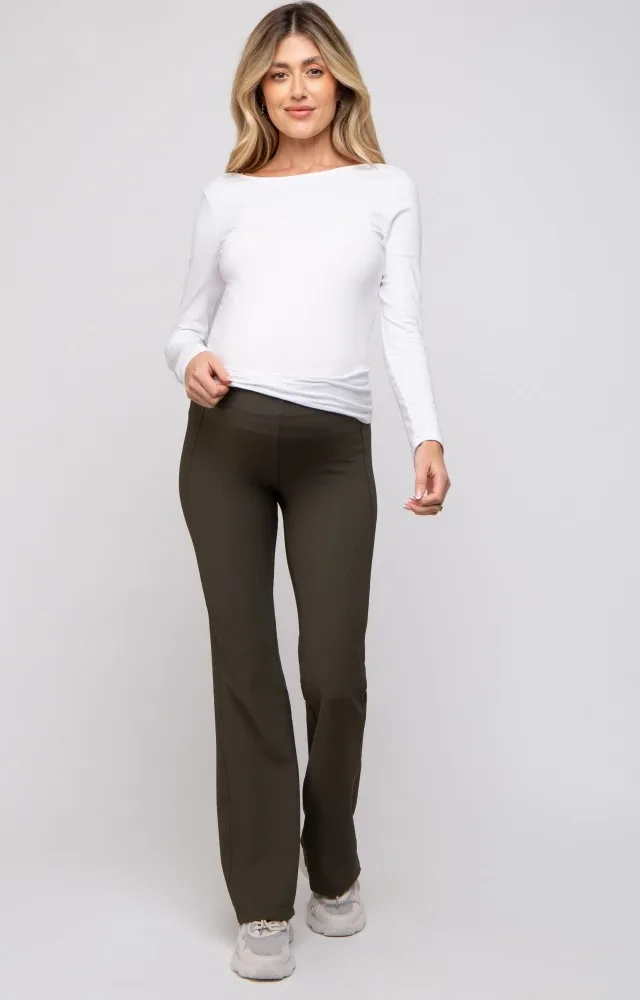 Olive Ribbed Maternity Flared Leggings