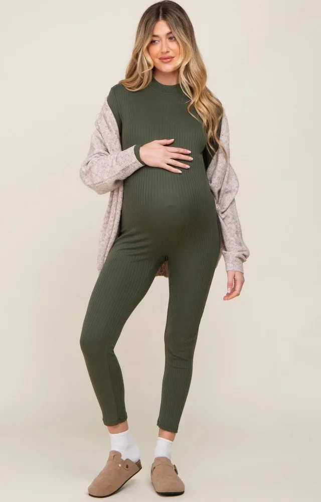 Olive Ribbed Maternity Jumpsuit