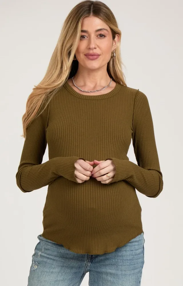 Olive Ribbed Maternity Long Sleeve Top