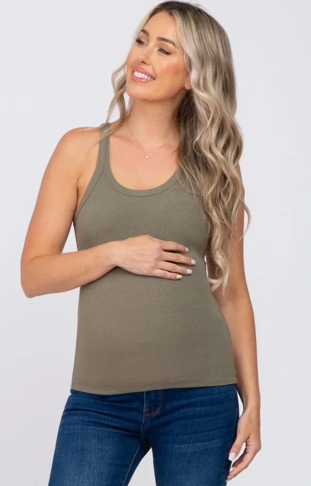 Olive Ribbed Maternity Tank Top