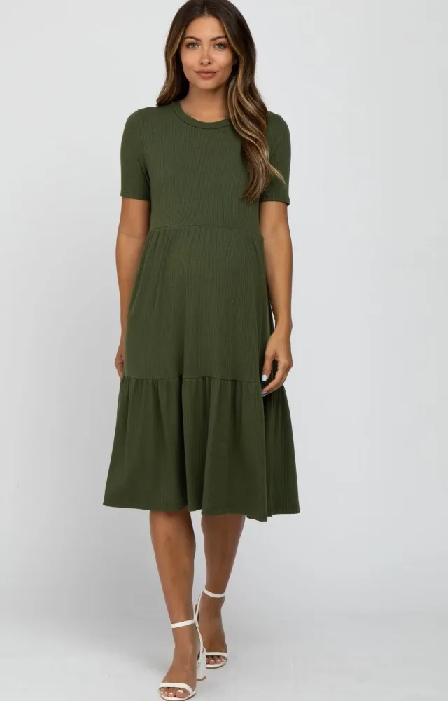 Olive Ribbed Tiered Maternity Dress