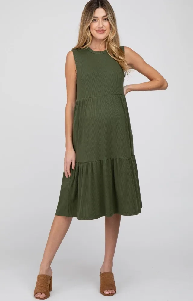 Olive Ribbed Tiered Maternity Midi Dress