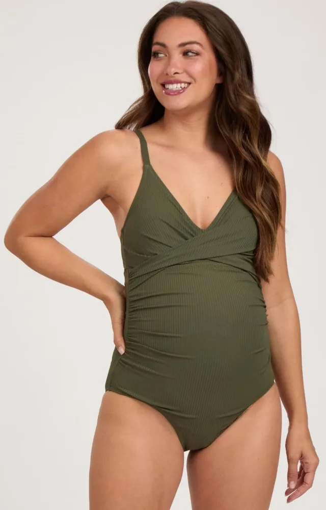 Olive Ribbed V-Neck Ruched Back Cut-Out One Piece Maternity Swimsuit