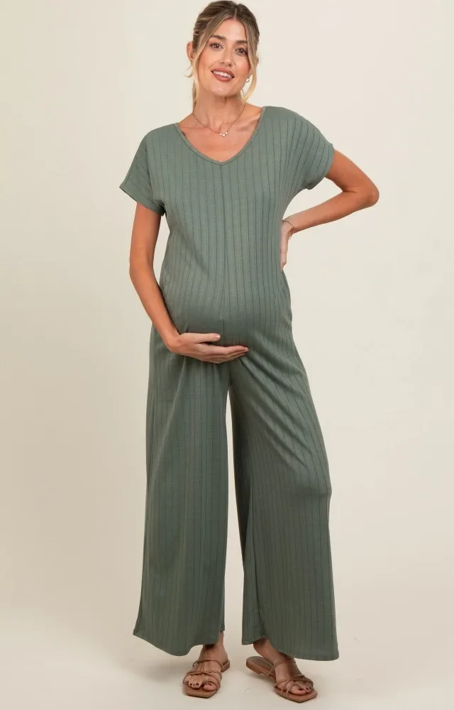 Olive Ribbed Wide Leg Maternity Jumpsuit