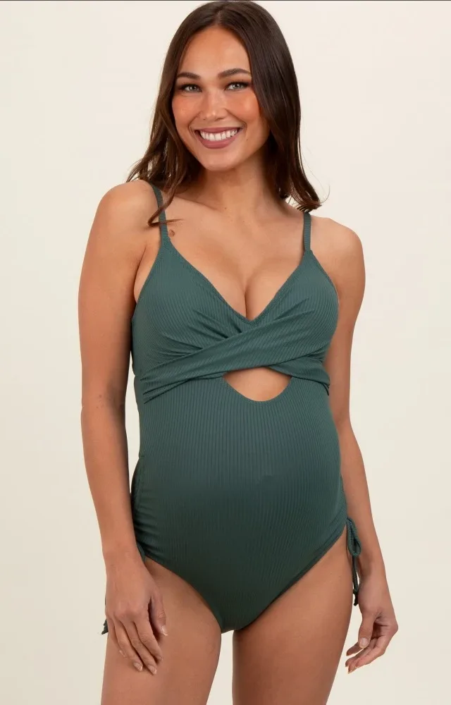 Olive Ribbed Wrap Front Drawstring Side Maternity One-Piece Swimsuit