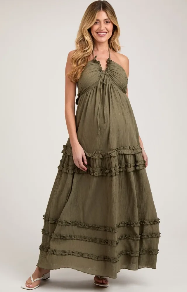 Olive Ruffle Ruched Deep V-Neck Maternity Maxi Dress