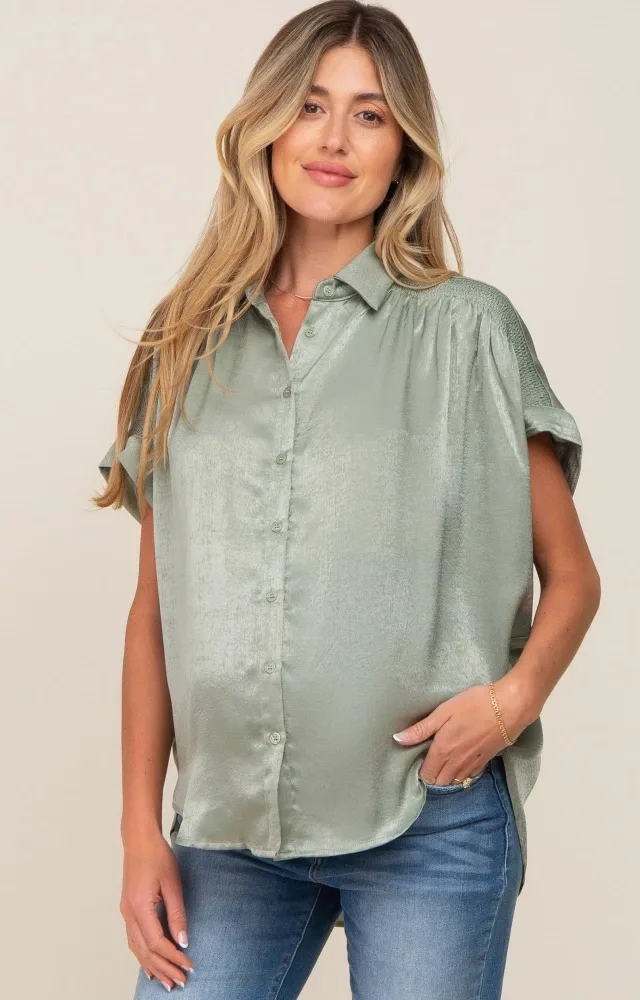 Olive Satin Button Down Smocked Accent Maternity Top