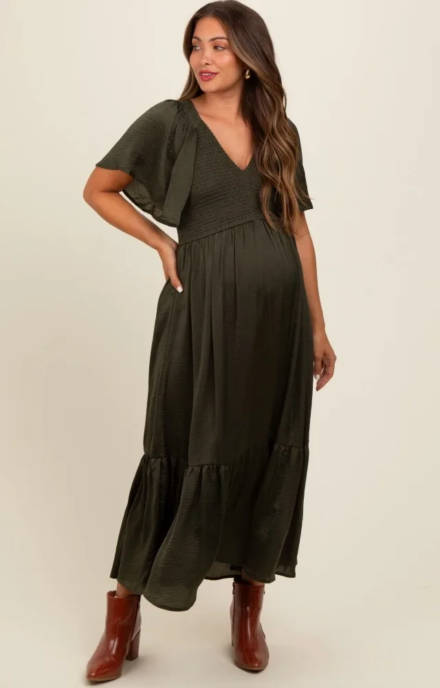 Olive Satin Smocked Maternity Midi Dress