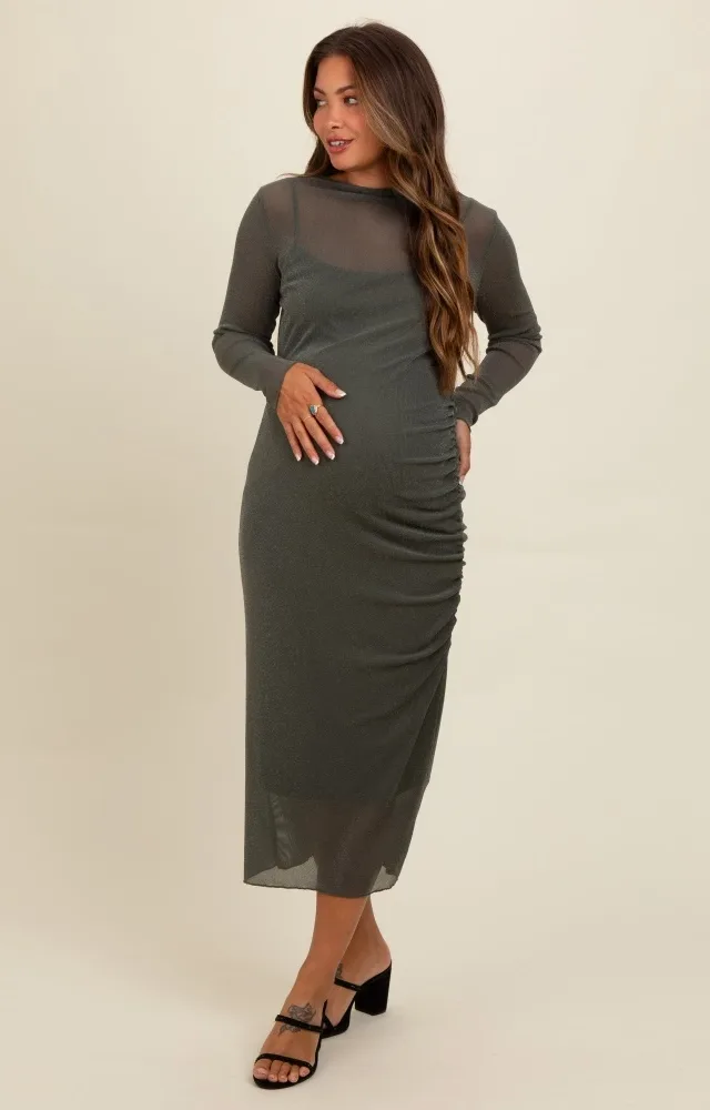 Olive Shimmer Mesh Long Sleeve Ruched Maternity Midi Dress