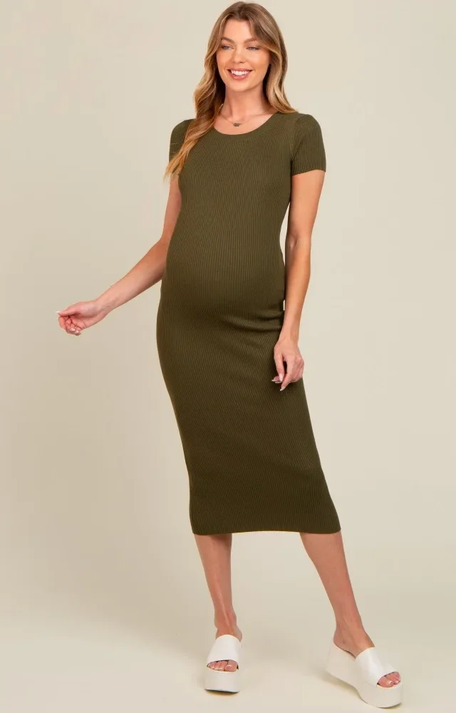 Olive Short Sleeve Rib Knit Maternity Midi Dress